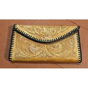 Vintage Handmade Western Leather‎ Embossed Clutch Wallet Tooled Flowers